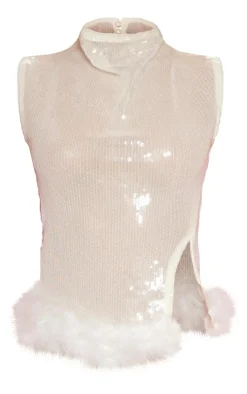 New PrettyLittleThing Premium Sequin Sleeveless Open Back Faux Fur Trim Top White