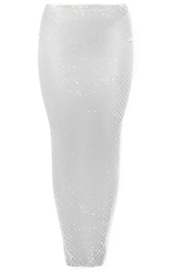 Clearance PrettyLittleThing Premium Sheer Beaded Metallic Low Rise Maxi Skirt White