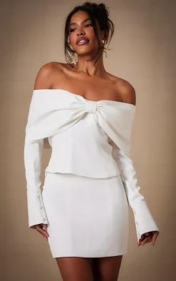 PrettyLittleThing Premium Woven Bow Bardot Flute Sleeve Long Top White