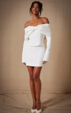 PrettyLittleThing Premium Woven Bow Bardot Flute Sleeve Long Top White