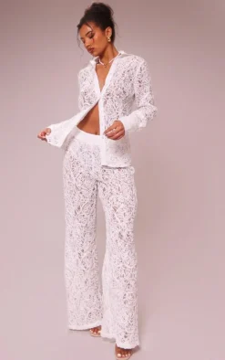 Online PrettyLittleThing Premium Woven Jacquard Lace Wide Leg Pants White