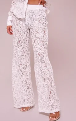 Online PrettyLittleThing Premium Woven Jacquard Lace Wide Leg Pants White