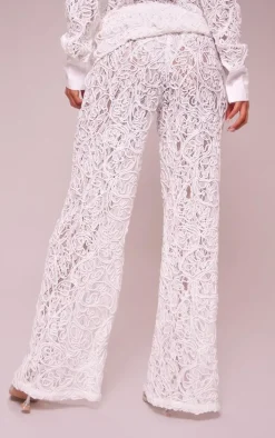 Online PrettyLittleThing Premium Woven Jacquard Lace Wide Leg Pants White