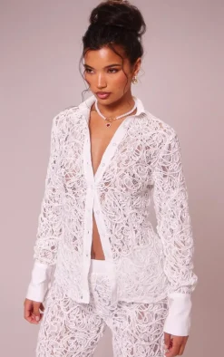Online PrettyLittleThing Premium Woven Jacquard Lace Wide Leg Pants White