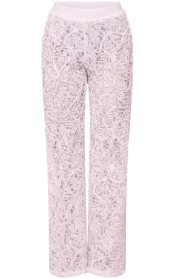 Online PrettyLittleThing Premium Woven Jacquard Lace Wide Leg Pants White