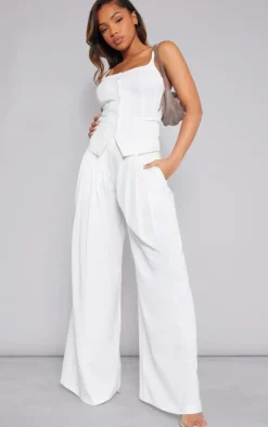 PrettyLittleThing Premium Woven Pleated Waistband Extreme Wide Leg Pants White