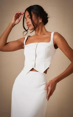 Online PrettyLittleThing Premium Woven Square Neck Cropped Vest White