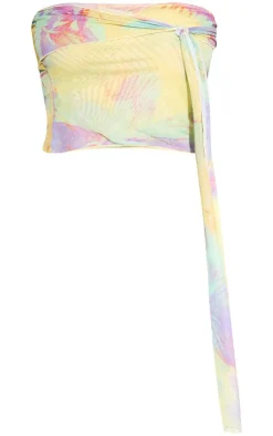 PrettyLittleThing Premium Printed Double Layer Mesh Knot Detail Bandeau Crop Top Yellow