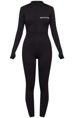 PRETTYLITTETHING Black Embroidered Zip Front Catsuit