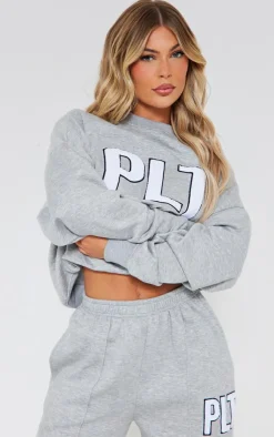 New PrettyLittleThing Borg Applique Oversized Sweatshirt Ash Grey