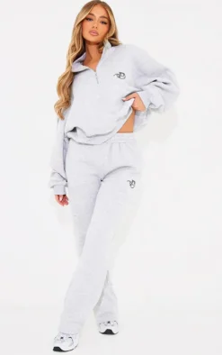Sale PrettyLittleThing Logo Embroidered Wide Leg Sweatpants Ash Grey