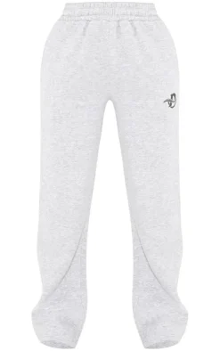 Sale PrettyLittleThing Logo Embroidered Wide Leg Sweatpants Ash Grey