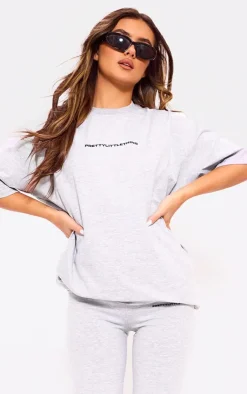 Online PrettyLittleThing Print Oversize T Shirt Ash Grey