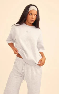 PrettyLittleThing Badge Detail Oversized Short Sleeve Sweatshirt Ash Grey
