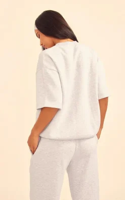 PrettyLittleThing Badge Detail Oversized Short Sleeve Sweatshirt Ash Grey