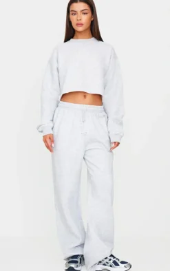 New PrettyLittleThing Badge Detail Mid Rise Wide Leg Sweatpants Ash Grey