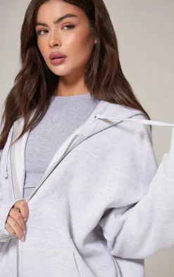 PrettyLittleThing Premium Embroidered Zip Front Oversized Hoodie Ash Grey