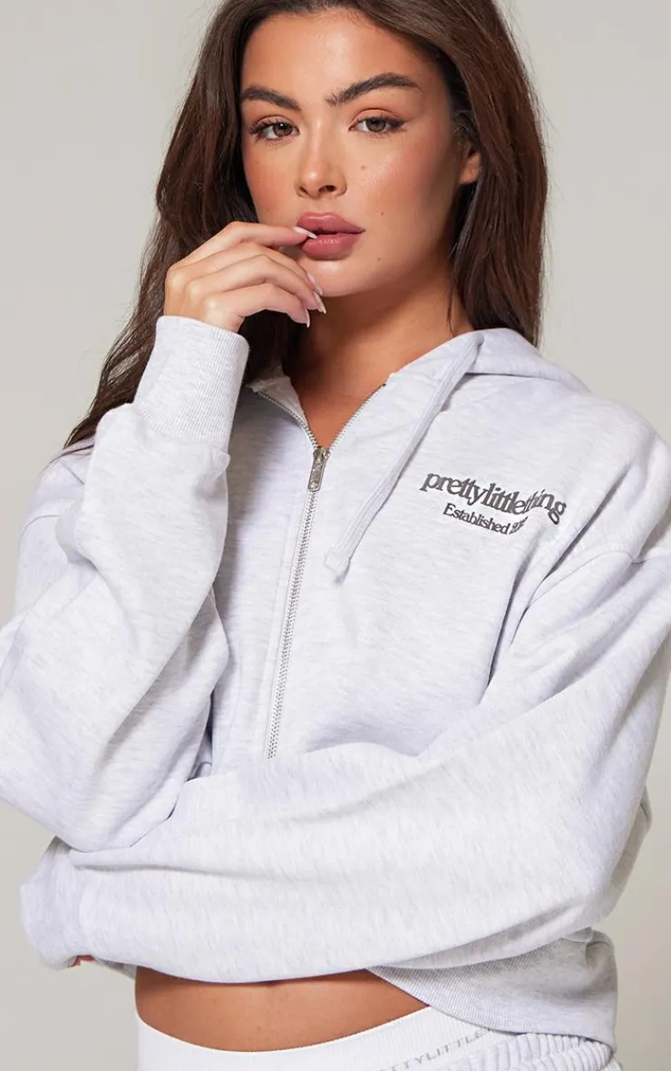 Discount PrettyLittleThing Premium Print Zip Front Hoodie Ash Grey