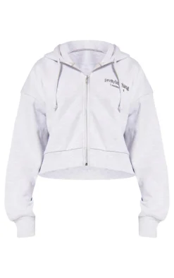 Discount PrettyLittleThing Premium Print Zip Front Hoodie Ash Grey