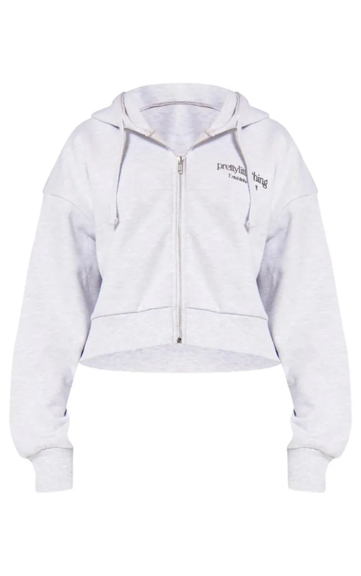 Discount PrettyLittleThing Premium Print Zip Front Hoodie Ash Grey