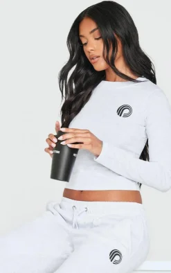 Online PrettyLittleThing Printed Fitted Long Sleeve T Shirt Ash Grey