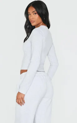 Online PrettyLittleThing Printed Fitted Long Sleeve T Shirt Ash Grey