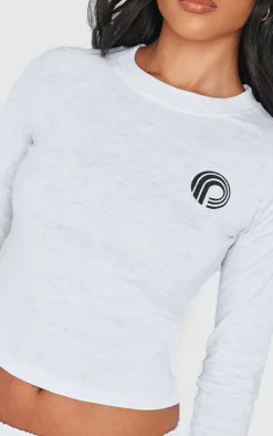 Online PrettyLittleThing Printed Fitted Long Sleeve T Shirt Ash Grey