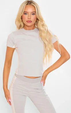 Clearance PrettyLittleThing Beige Cotton Panel Detail T Shirt Moss Grey