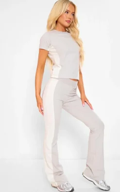 Sale PrettyLittleThing Beige Cotton Panel Detail Flared Pants Moss Grey