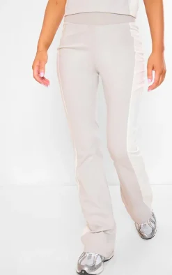 Sale PrettyLittleThing Beige Cotton Panel Detail Flared Pants Moss Grey