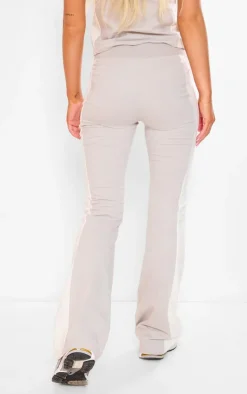 Sale PrettyLittleThing Beige Cotton Panel Detail Flared Pants Moss Grey