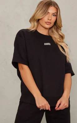Discount PrettyLittleThing Badge Detail Oversized Short Sleeve Sweatshirt Black