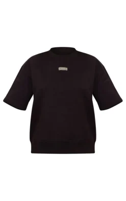 Discount PrettyLittleThing Badge Detail Oversized Short Sleeve Sweatshirt Black