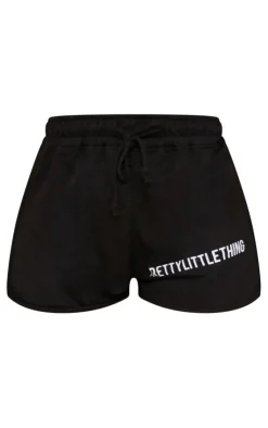 Online PrettyLittleThing Branded High Waist Runner Shorts Black