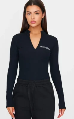 PrettyLittleThing Crinkle Rib Half Zip Bodysuit Black