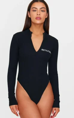 PrettyLittleThing Crinkle Rib Half Zip Bodysuit Black