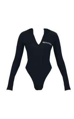PrettyLittleThing Crinkle Rib Half Zip Bodysuit Black
