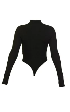 PrettyLittleThing Crinkle Rib Half Zip Bodysuit Black