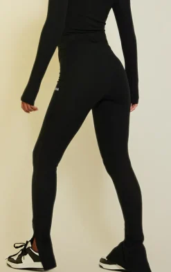 Outlet PrettyLittleThing Crinkle Rib Split Hem Leggings Black