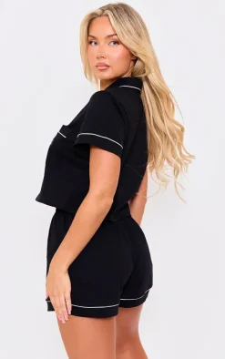 PRETTYLITTLETHING Black Cropped Short Pj Set
