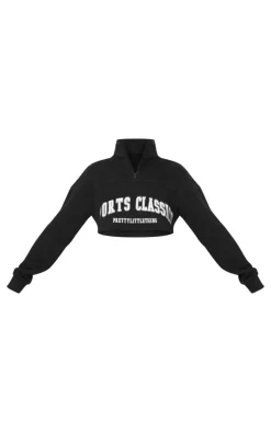 PRETTYLITTLETHING Black Embroided Crop Half Zip Sweatshirt