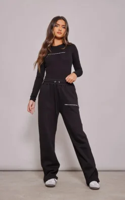 PrettyLittleThing Black Sweatsuits*Logo Straight Leg Sweatpants