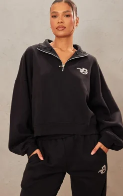 PrettyLittleThing Logo Embroidered Half Zip Sweatshirt Black