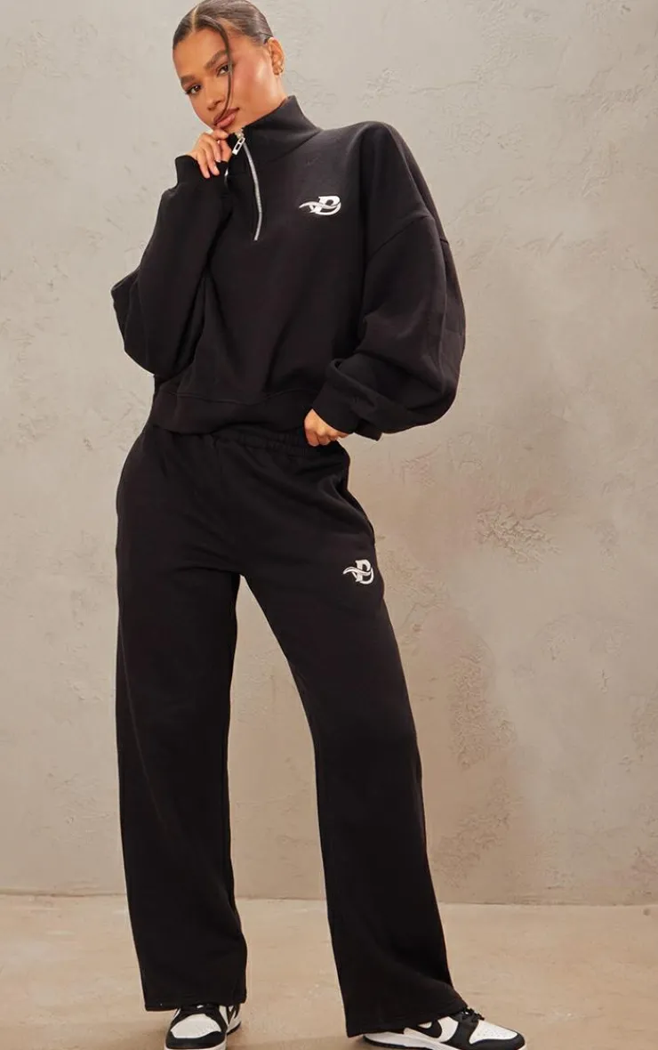 Best PrettyLittleThing Logo Embroidered Wide Leg Sweatpants Black