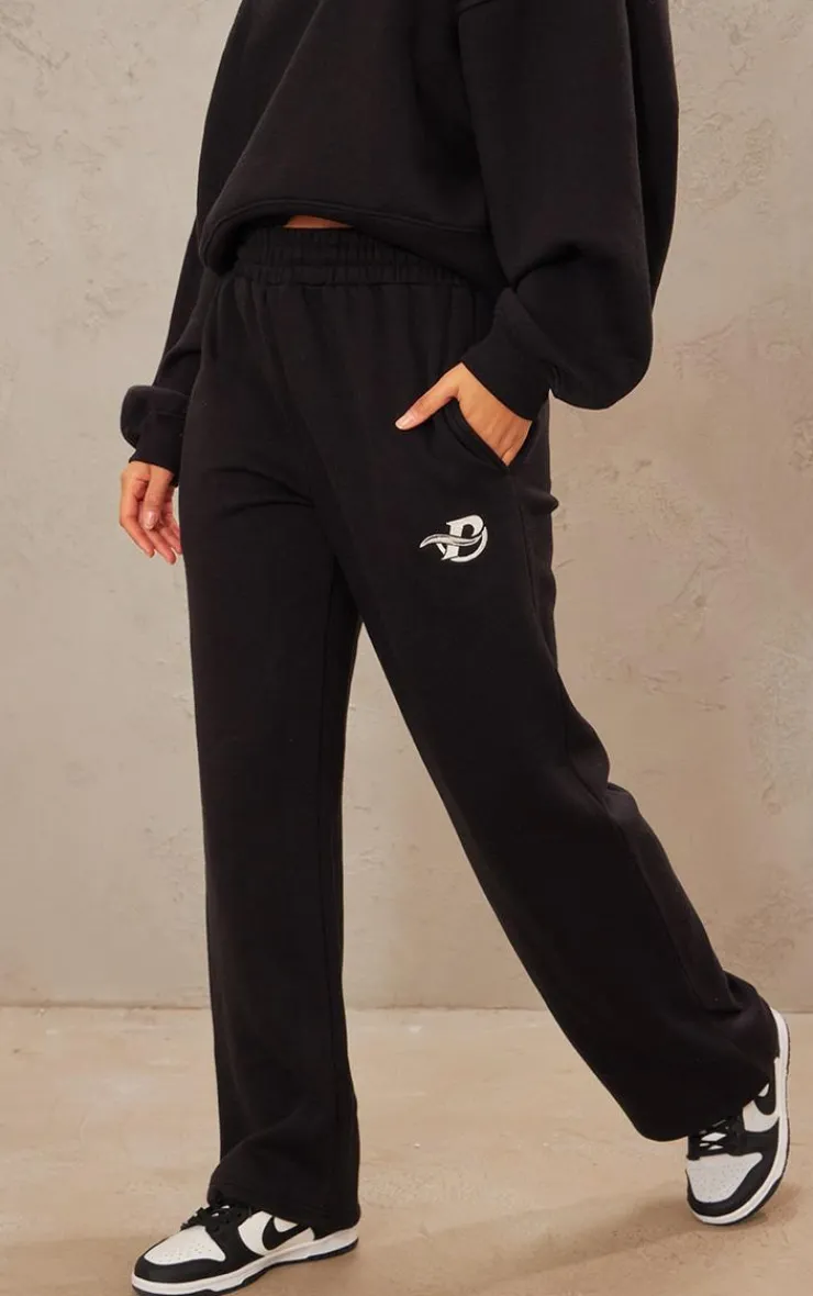 Best PrettyLittleThing Logo Embroidered Wide Leg Sweatpants Black