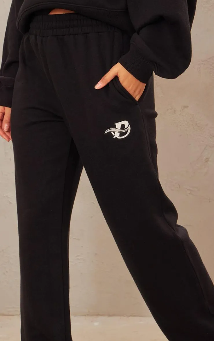 Best PrettyLittleThing Logo Embroidered Wide Leg Sweatpants Black