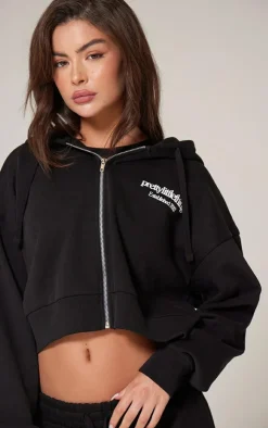 Sale PrettyLittleThing Premium Print Zip Front Hoodie Black