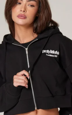 Sale PrettyLittleThing Premium Print Zip Front Hoodie Black