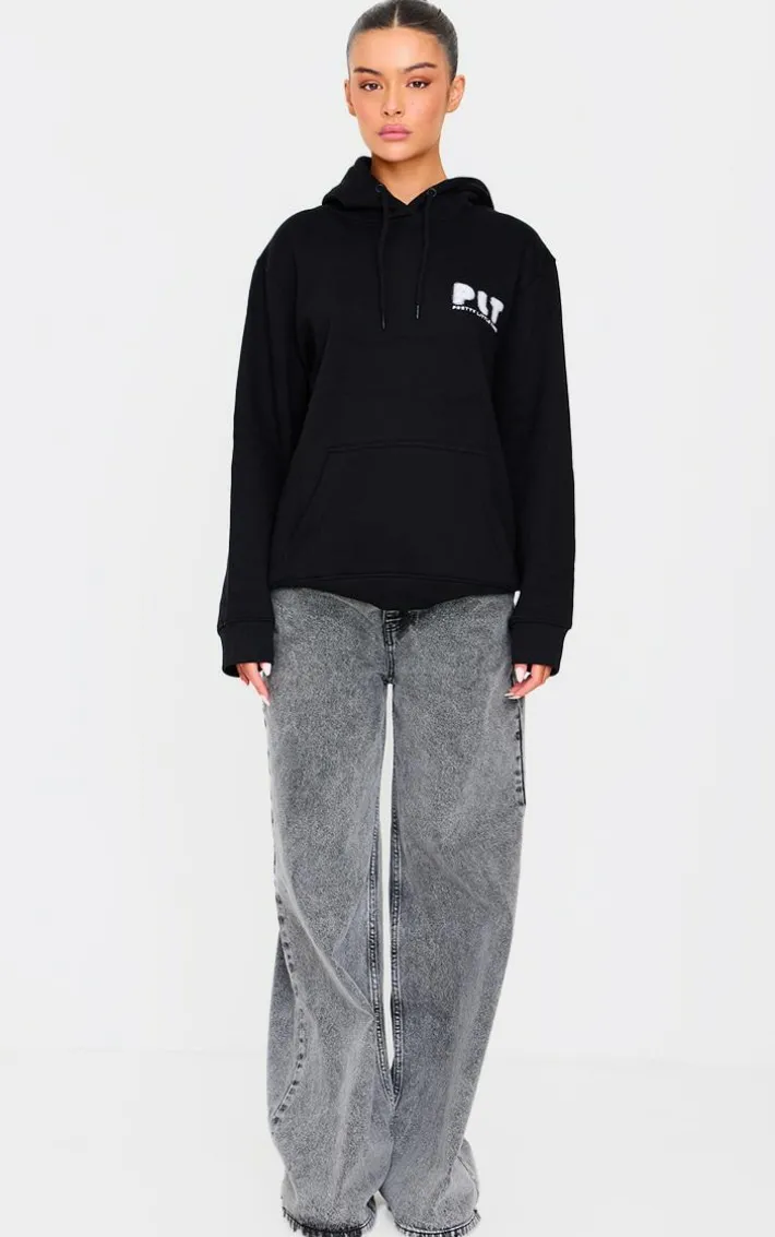 PRETTYLITTLETHING Black Printed Oversized Hoodie