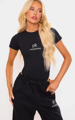 Hot PrettyLittleThing Silver Logo Short Sleeved Bodysuit Black